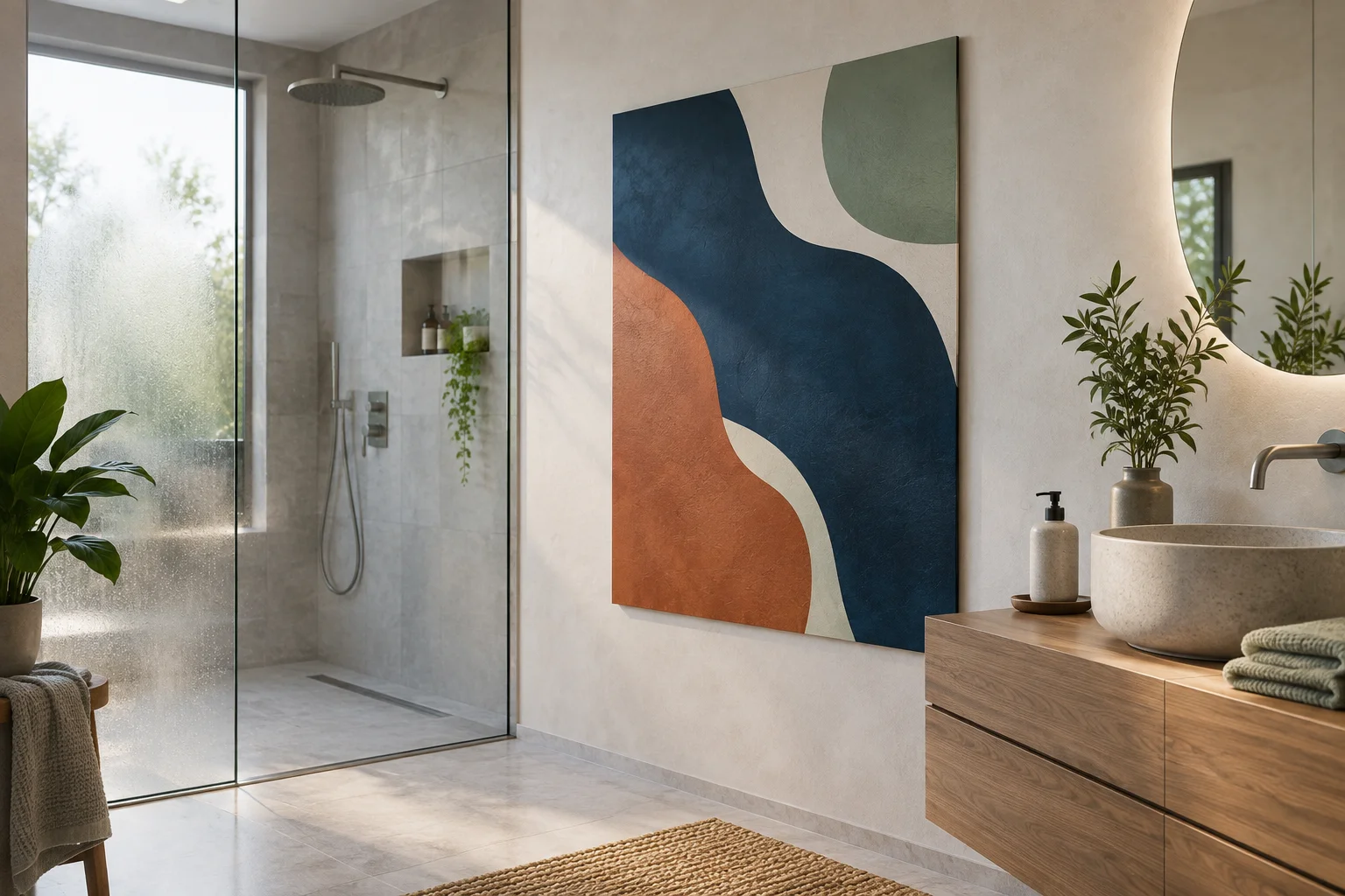 Panneau d’art abstrait fixé sur un mur sec à côté d’une douche vitrée
